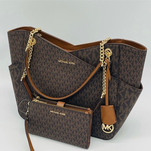 Michael Kors Handbags - Michael Kors Large X Chain Shoulder Tote Bag & Double Zip Wallet Wristlet Brown.